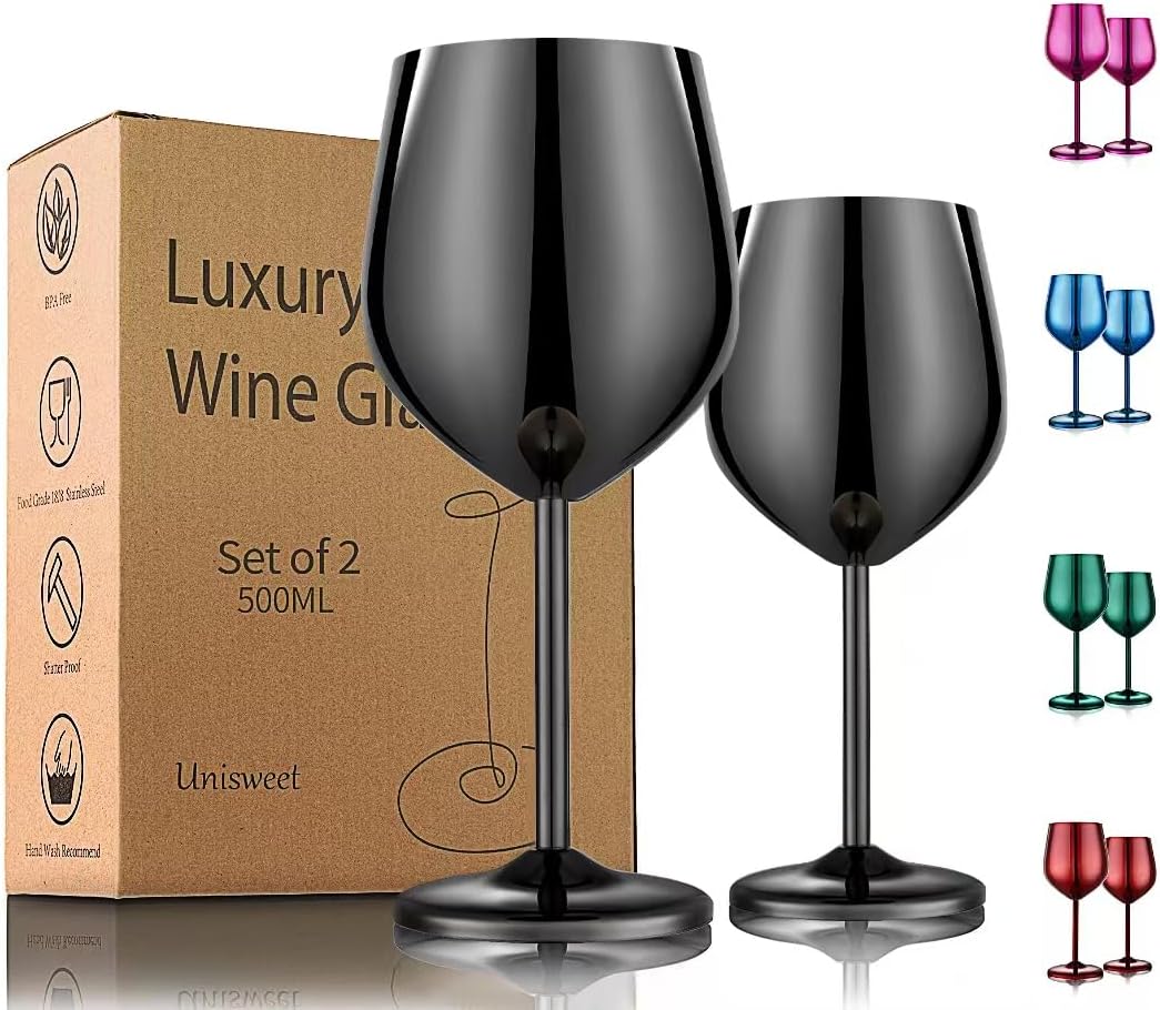Stainless Steel Wine Glasses Set of 2, 18 oz Unbreakable Black Wine Glass Unique Metal Wine Goblets for Outdoor Capming and Pool Gift for Wine Lovers