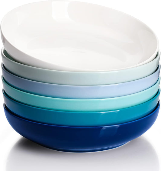 Sweese Pasta Bowls, 30 Ounce Salad Serving Bowls Set of 6, 8.4 Inch Porcelain Plates for Serving Dinner, Salad - Microwave Dishwasher Safe, Cool Assorted Colors