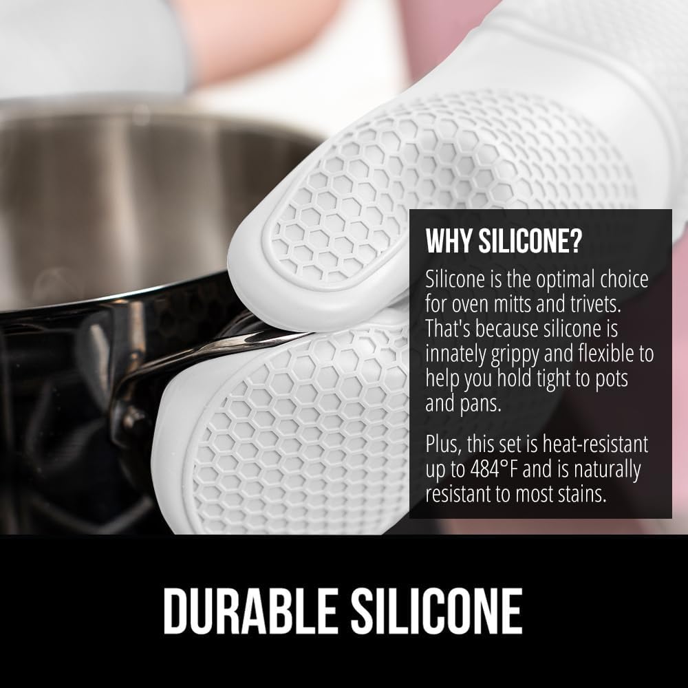 GORILLA GRIP BPA-Free Soft Silicone Oven Mitts and Pot Holders Sets of 4, Heat Resistant Waterproof Cooking Gloves, Thick Cotton Lining, Flexible Gripping for Baking Grilling, Kitchen Trivets, White