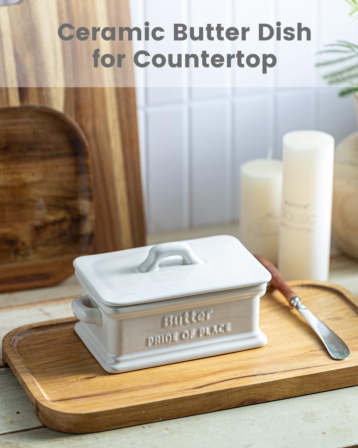 Butter Dish with Lid, Ceramic Butter Dish for Countertop Butter Holder Container Large Butter Keeper for East West Coast Butter, White