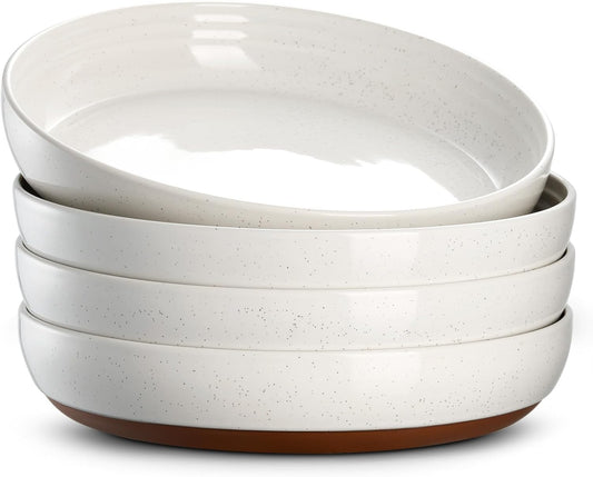 DOWAN 9.6" Ceramic Pasta Bowls Set of 4, Large Shallow White Dinner Bowls with Sesame Glaze Finish, Wide Bowl Plates for Pasta, Salad, Soup & Stew, Microwave & Dishwasher Safe, Housewarming Gift