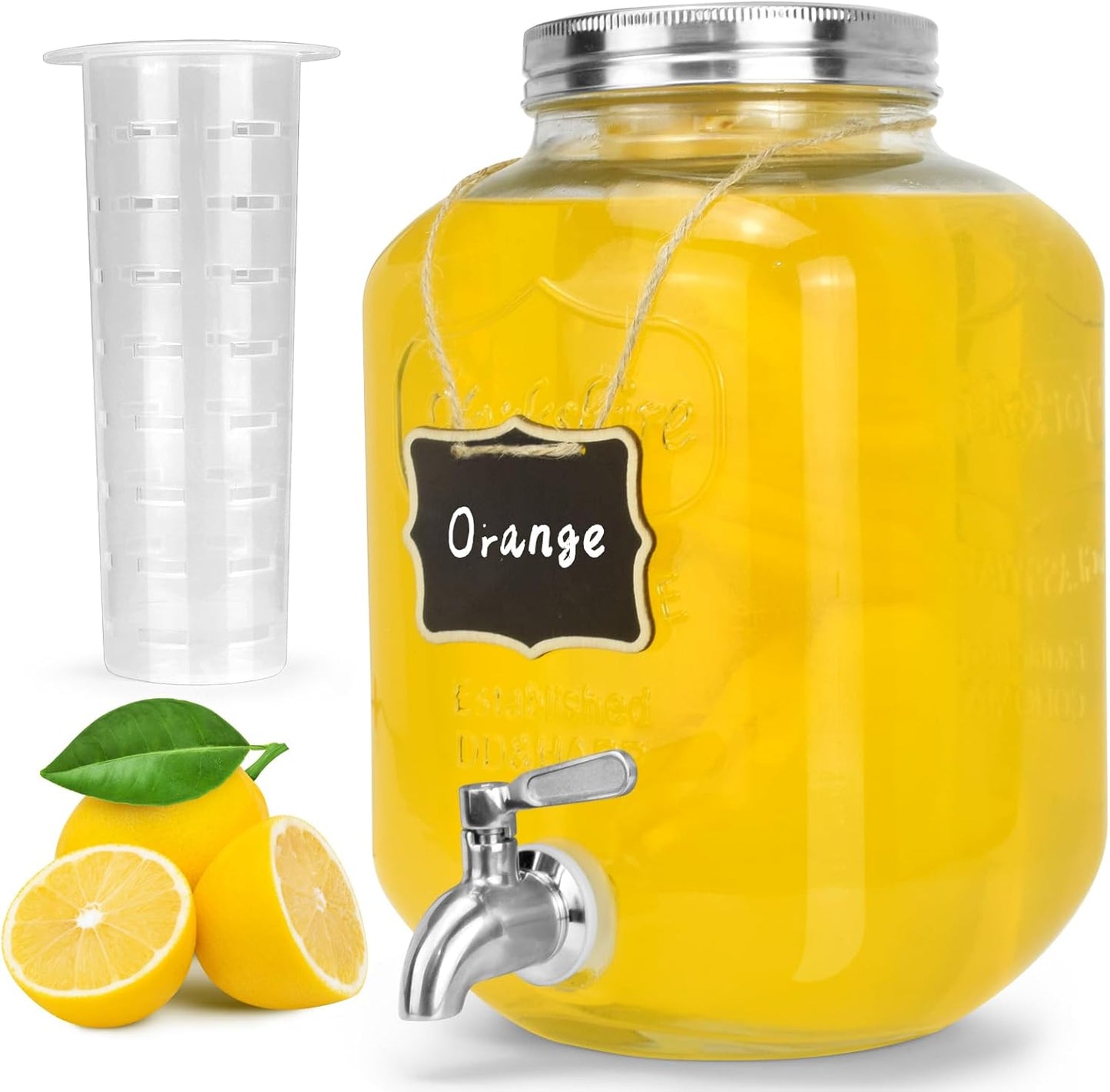 DD&HAPP Glass Beverage Dispenser With Stainless Steel Spigot,1.2 Gallon Mason Jar Drink Dispenser,Sun Tea,Lemonade & Juice Dispenser for Parties, Weddings & Events.Leak-Proof, Infuser Included.