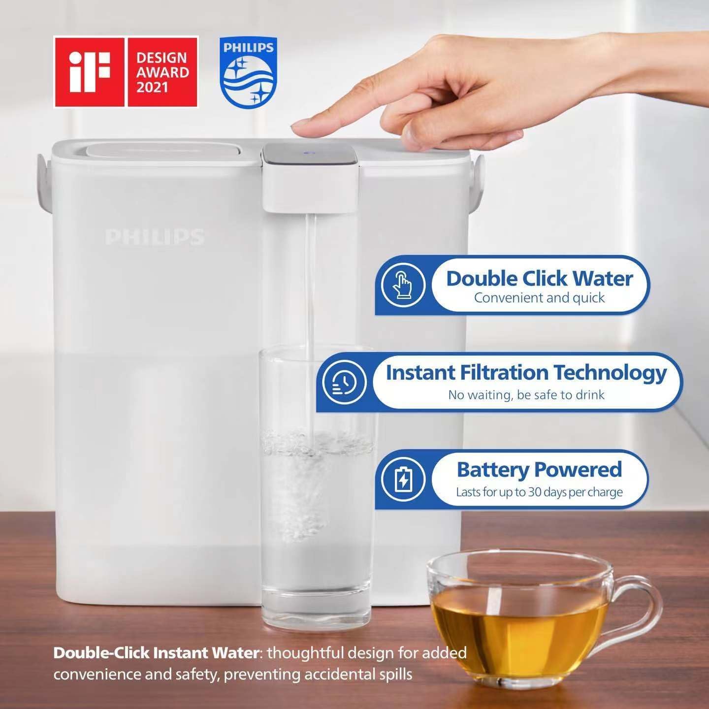 PHILIPS GoZero Next-gen Instant Water Filter Pitcher, Rechargeable Battery, Mirco-X Clean Technology, 3L 12 Cups, 1L/min Fast Flow, Countertop Filtered Water Purifier Jug for Tap Water, 1 Filter