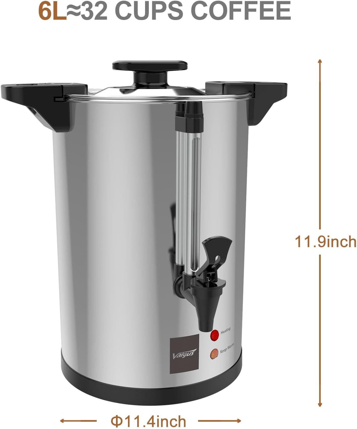 Valgus Commercial Coffee Urn 32-Cup 6L Stainless Steel Large Coffee Maker with Percolator Electric Hot Water Dispenser for Party, Office, Wedding
