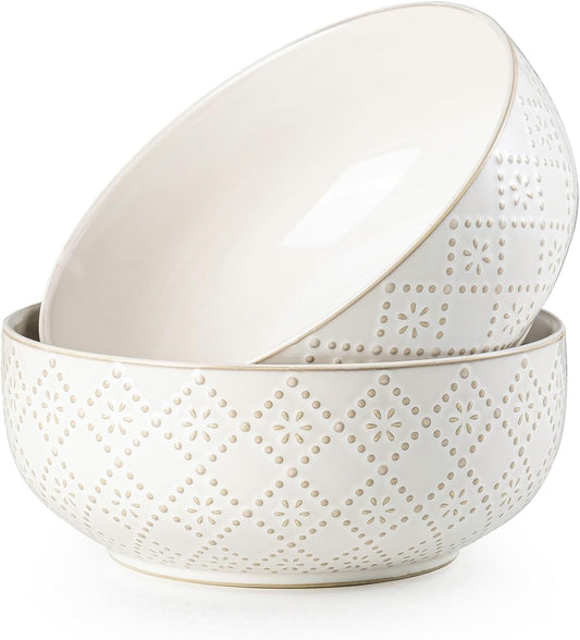 Large Serving Bowls, 8 inch 60 OZ Salad Bowls Set of 2, Ceramic Bowl Set for Salad，Ramen, Soup, Cereal and Entertaining, Farmhouse Decorative, Dishwasher & Microwave Safe, Off-White