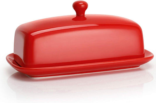 Sweese Butter Dish with Lid, Porcelain Butter Keeper, 7.8 Inch Butter Holder with Handle Cover, Butter Container Perfect for East West Coast Butter, Red