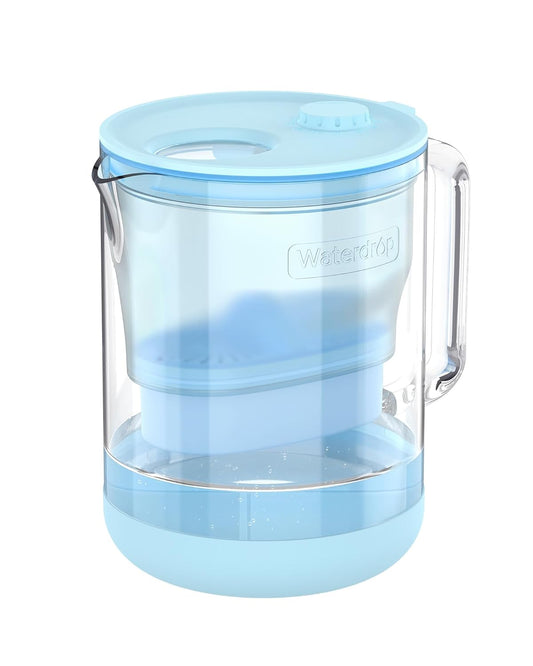 Waterdrop Glass Alkaline Water Filter Pitcher with 1 Filter, Enhances Alkaline Water, Eco-Friendly, 7-Cup, for Home and Office, Reduces PFOA/PFOS, Chlorine, Cadmium, Copper, Mercury, Blue