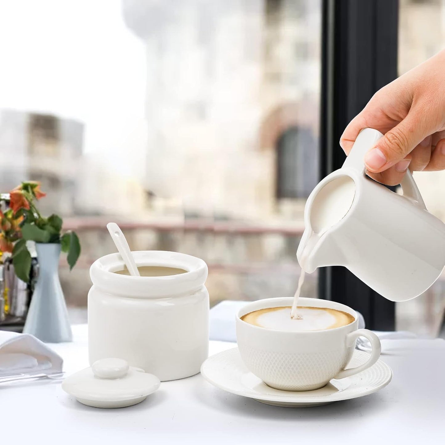 ZENFUN Set of 4 Porcelain Creamer and Sugar Set with Saucer, Sugar Bowl with Lid and Spoon, Cream Pitcher, Sweetener Holder, Coffee Serving Set for Kitchen Home Cafe Party, Restaurant, White