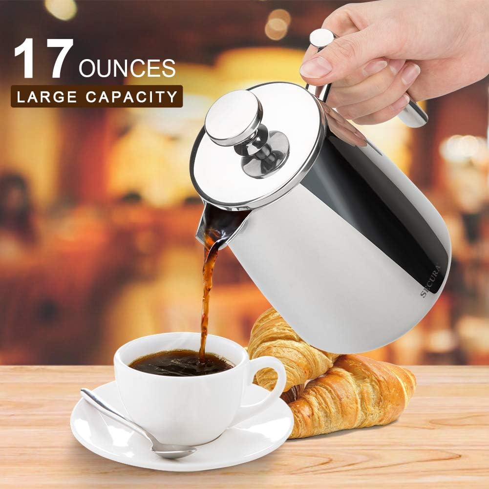 Secura French Press Coffee Maker, 17-Ounce, 304 Stainless Steel Insulated Coffee Press with Extra Screen