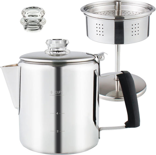 Multi Use Percolator Coffee Pot Stainless Steel Stove Top Coffee Maker with Two Tough Borosilicate Glass Knob Silica Handle Camping Coffee Pot Using on Campfire Stove & Induction Cooker Silver 6 Cup