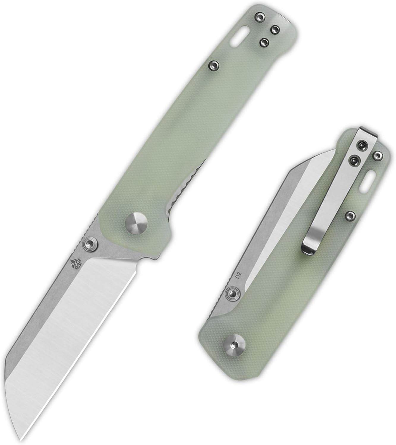QSP Penguin V2 Folding Pocket Knife, 3.06" D2 Two Tone Finish Stonewash Satin Blade EDC Knife, Jade G10 Handle, Liner Lock, Ceramic Ball Bearings, Reversible SS Deep Carry Clip