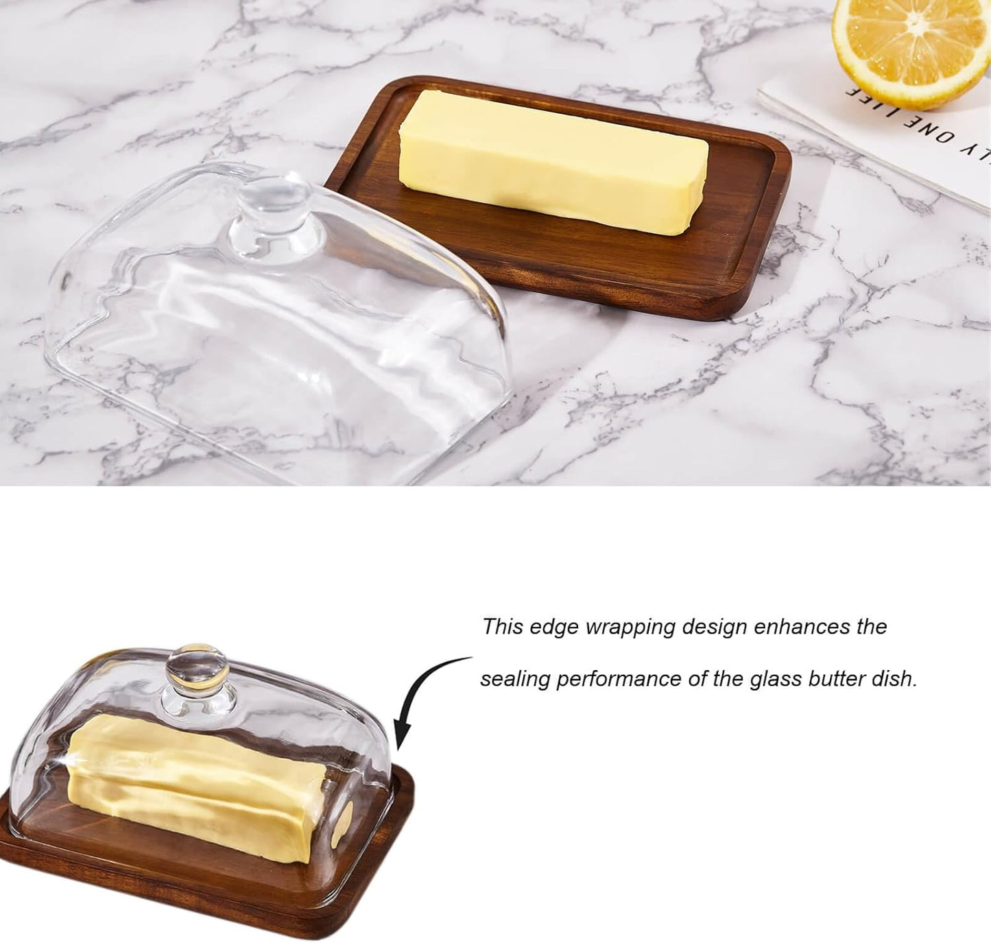 butter dish with lid, glass airtight lid keeps butter soft, for countertop and refrigerator. Widened design to fit all butters. Covered butter dishes with, Made of glass and Acacia wood.