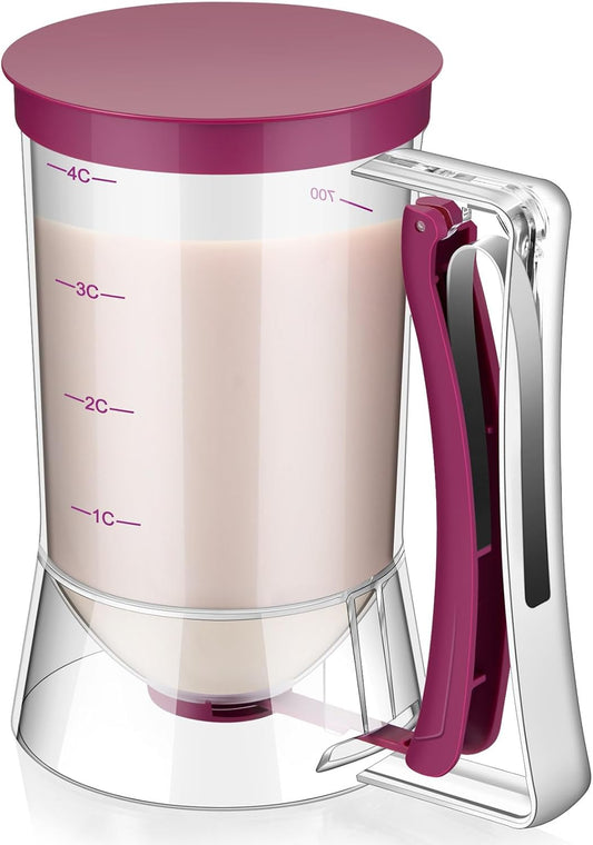 1 Pc Cupcake Batter Dispenser Pancake Mix Dispenser 4 Cups with Squeeze Handle Tools for Pancake, Cupcake, Cookie, Cake, Waffles, Ice Cream Baking Gifts for Kitchen Housewarming (Purple Red)