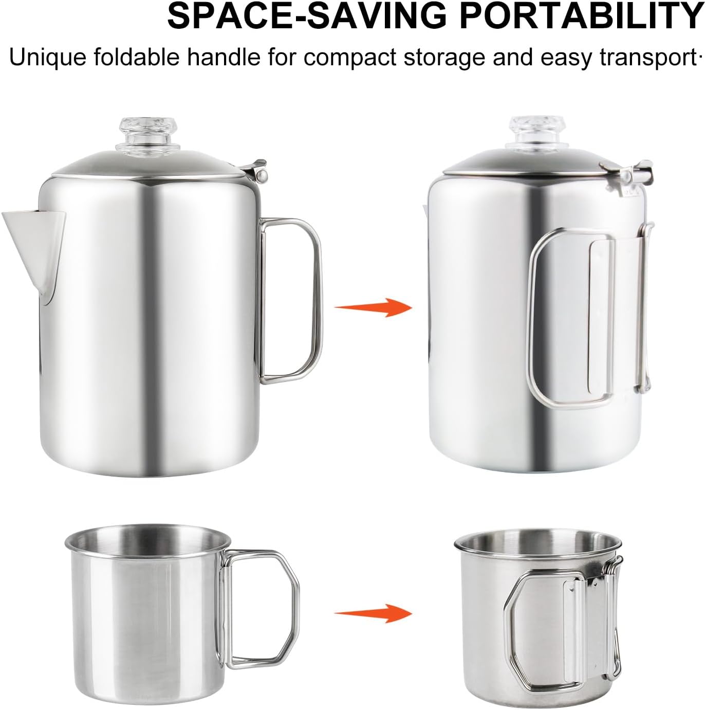 Coffee Percolator Bundle with 2 Mugs Stainless Steel Coffee Maker with Heat Resistant Tough Glass Knob & Foldable Handle Using on any Stovetop Outdoor Camping NO Aluminum NO Plastic (8 Cup)