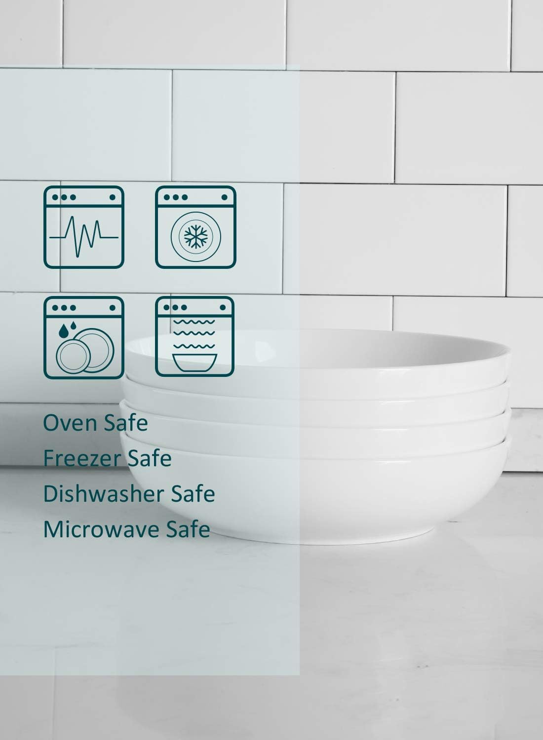 Teocera Pasta Bowls, Large Salad Bowls, Porcelain Bowl Set, Wide and Shallow, Microwave and Dishwasher Safe, 35 Ounce - Set of 4, White