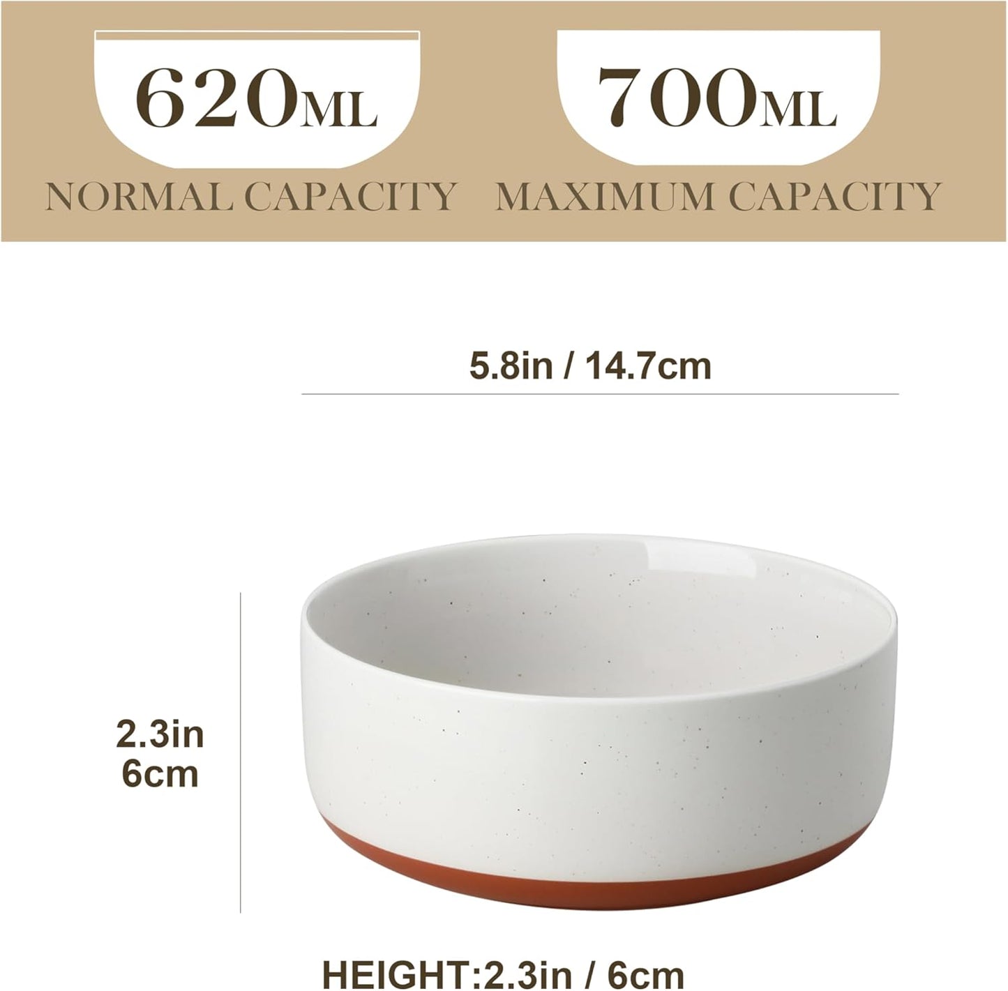 MALACASA Cereal Bowls Set of 6, 24 OZ Ceramic Bowls for Kitchen, Soup Bowl Breakfast Bowls, Dishwasher Microwave Safe, Khaki White, Series TARA