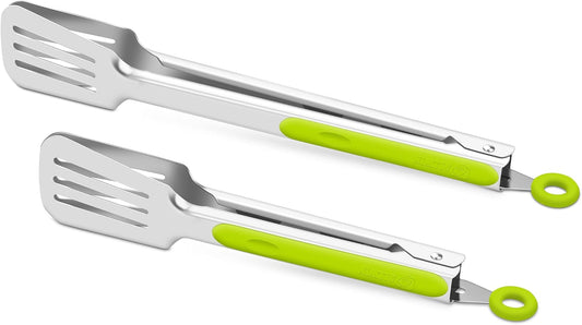 Premium 304 Stainless Steel Barbecue Turners, Heavy Duty Non-Stick BBQ Cooking Kitchen Tongs, 9" and 12" Green
