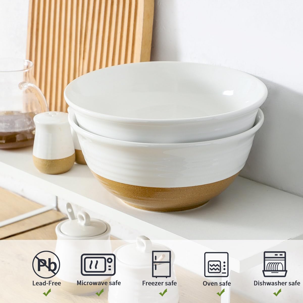 Hasense Serving Bowls, 9 Inch Ceramic Salad Dish for Kitchen, 84 Ounce Large Mixing Bowls for Cooking, Side Dishes, Baking, Popcorn, White Serving Dishes Set of 2, Dishwasher Microwave Safe