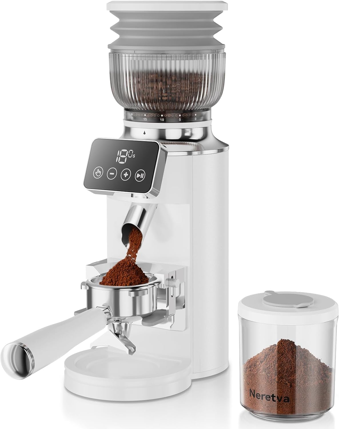 Neretva Burr Coffee Grinder, 2 in 1 Professional Espresso Grinder Stainless Steel Suit 51~58mm Portafilter Coffee Bean Grinder 30 Precise Setting & Anti-Static for Espresso/French Press/Drip/Cold Brew