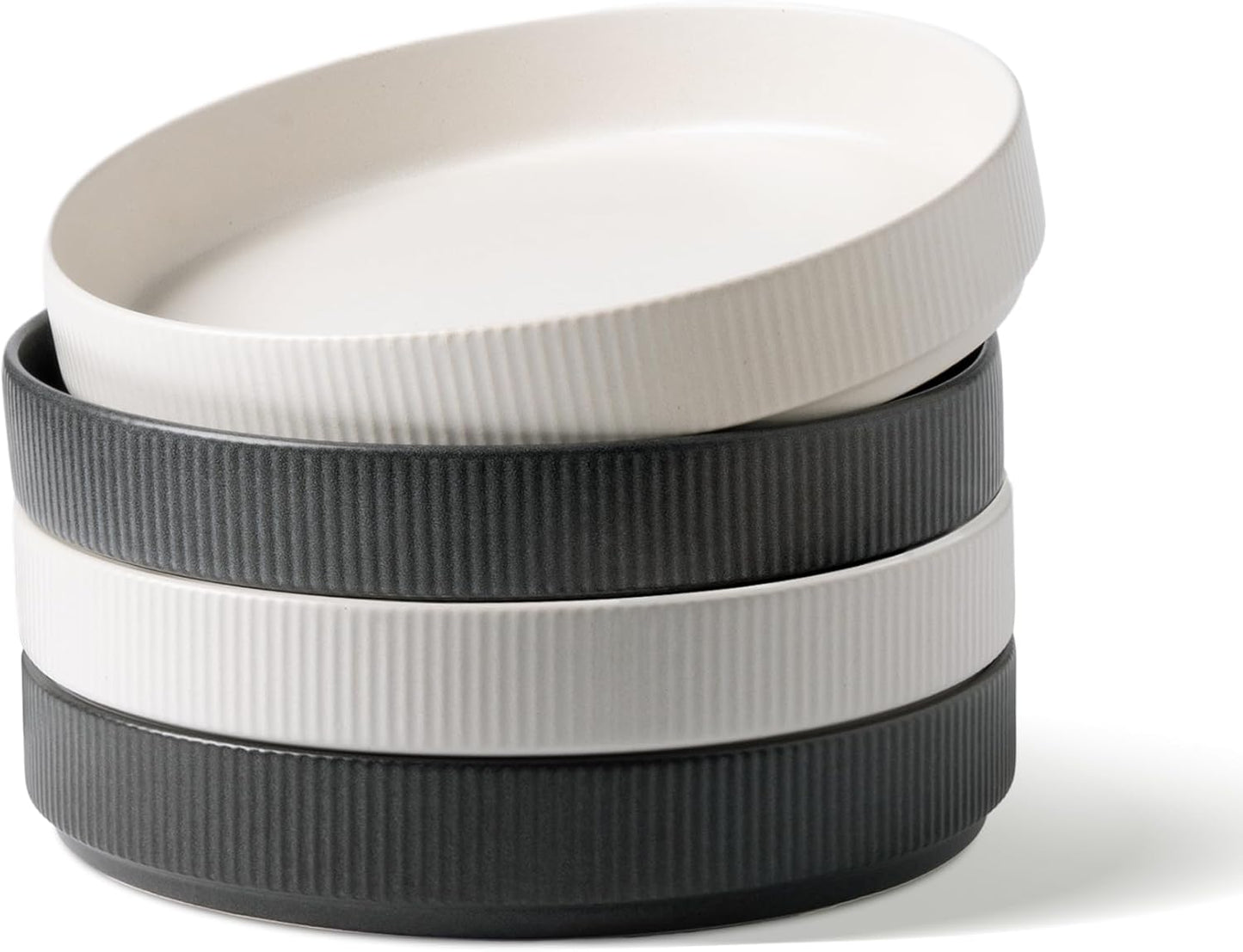 famiware Star 8.25" Pasta Bowls, Large Dinner Bowls Set of 4, Salad Bowl Plates, Shallow Bowls for Eating, Dark Charcoal & White Full Glaze Matte