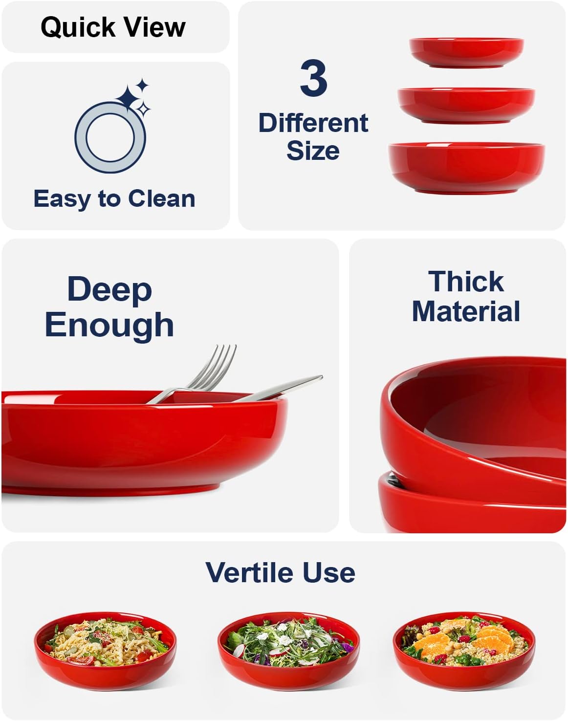 LE TAUCI Pasta Bowls 45 oz, Salad Bowls Set for Serving Soup, Pasta, Noodle, Dinner, Large Kitchen Bowl Plates, Microwave Safe - 8.5 Inch, Set of 4, Red