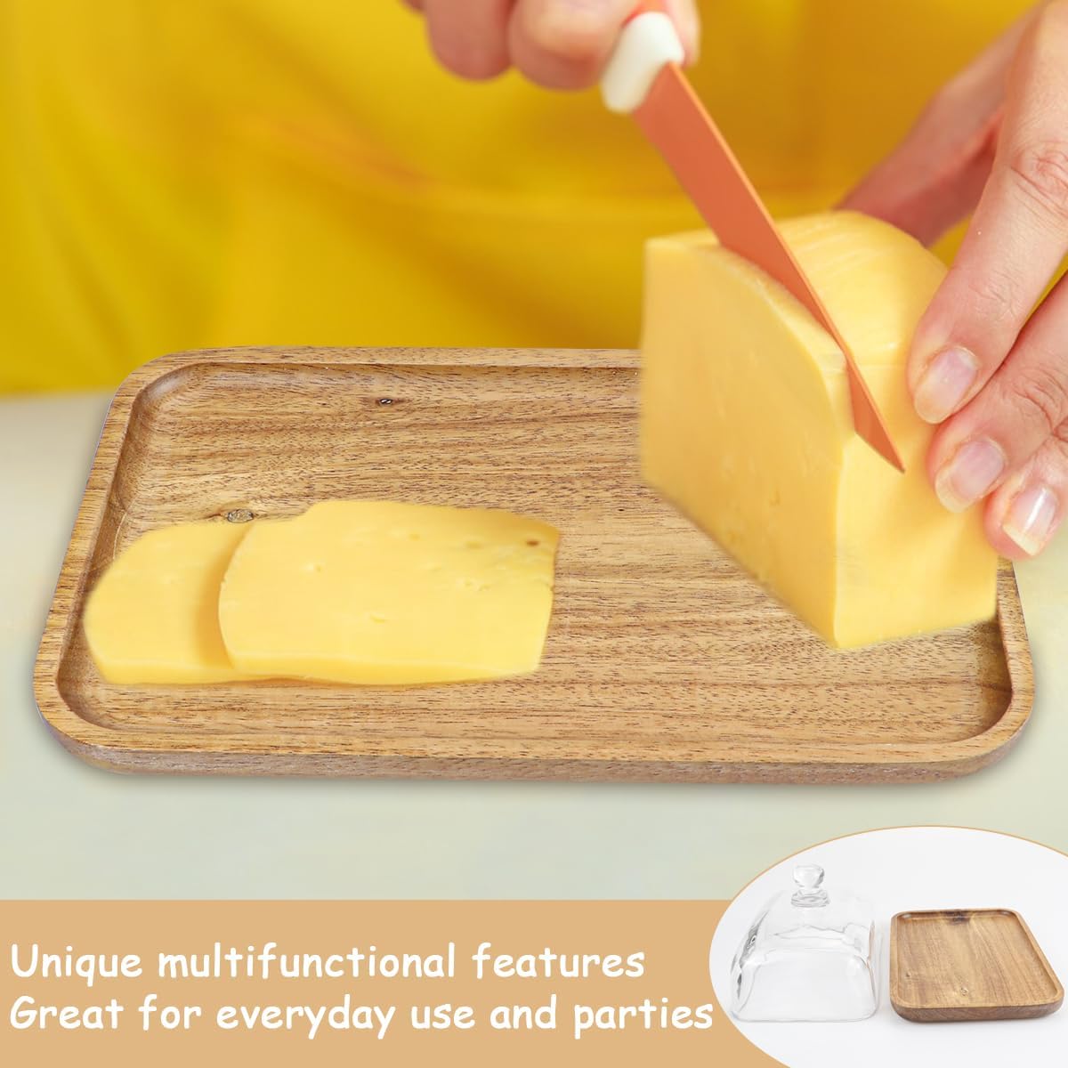 Glass Butter Dish with Lid Clear Glass Butter Keeper Container for Butter, Cream Cheese, and Dessert Cake（Acacia）