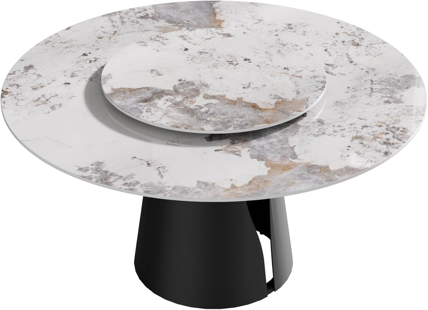 Montary 59" Modern Artificial Marble Round Dining Table with Black Carbon Steel Base & 31.5" White Sintered Stone Turntable, Dining Room Table with Lazy Susan for 6-8 (Only Table)