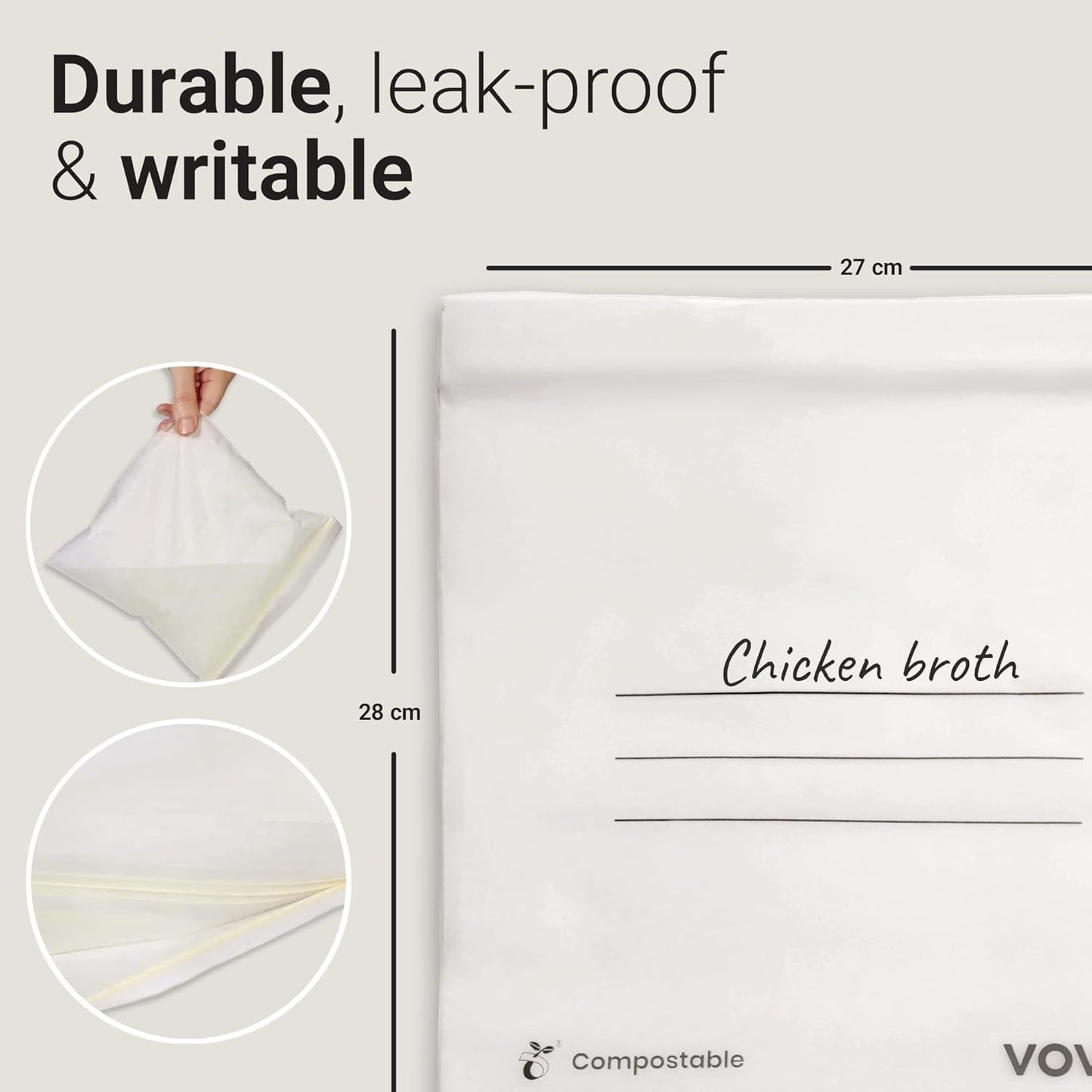 Vove Compostable Zip Bags | 30 Pack Gallon Size (4L) | Biodegradable Storage Bags | PLA PBAT Eco-Friendly | Zero Waste Kitchen Storage | Sustainable Food Bags with Certification