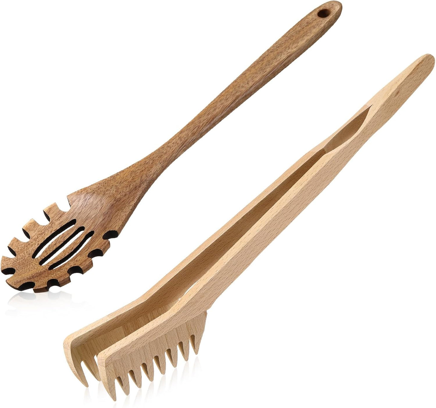 Baderke 2 Pcs Wooden Pasta Spoon with Teeth Large Spaghetti Spoon Utensil, 9.4'' Pasta Tong and 13'' Pasta Fork with Handle, Comfortable Grip Design Server Spoons for Kitchen Spaghetti Noodle