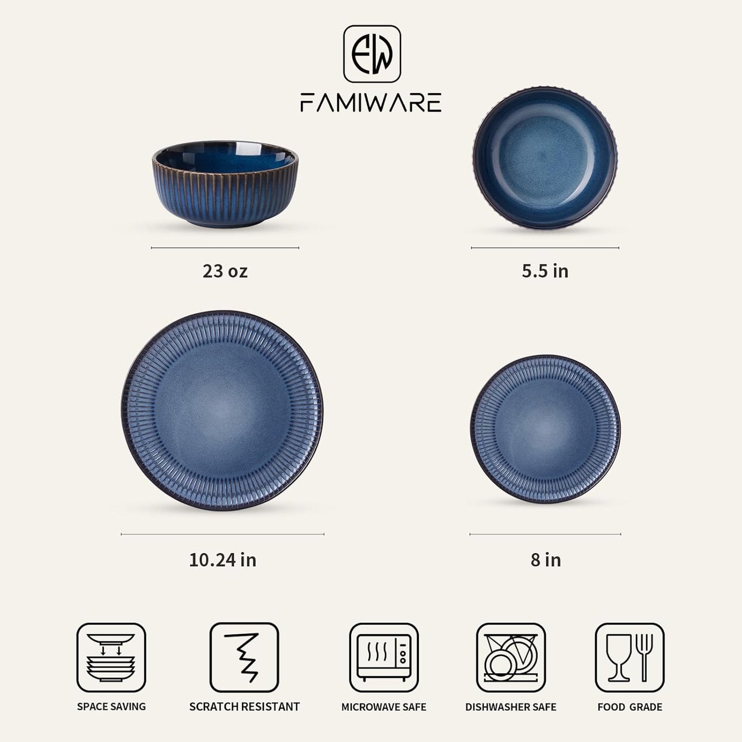 Famiware Starlight Dinnerware Sets, Plates and Bowls Dish Set of 8 (24 Pieces), Ribbed Textured Tableware - Dishwasher & Microwave Safe, Chip & Scratch Resistant, Reactive Glaze, Starry Blue