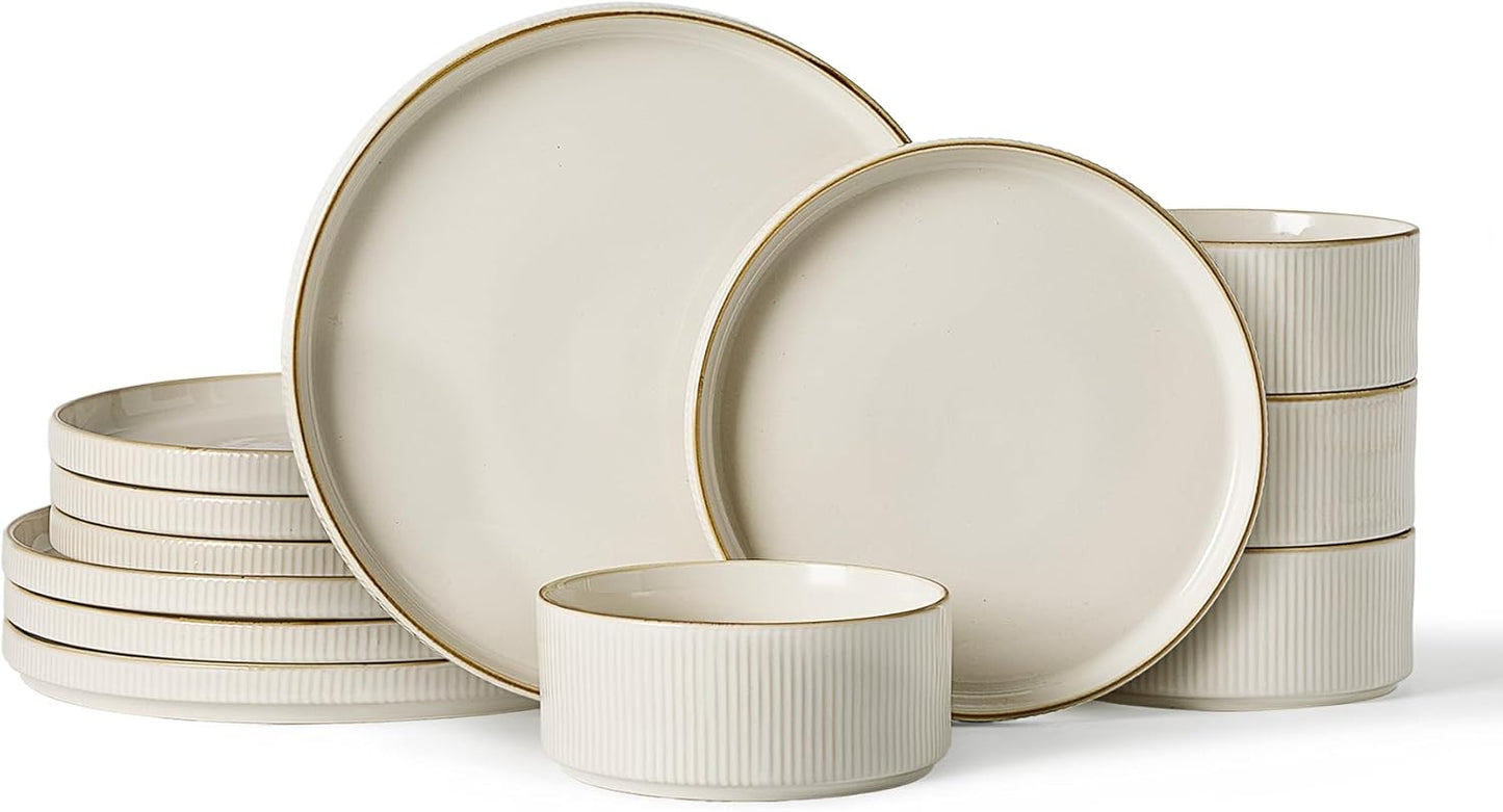 Famiware Star Dinnerware Set, Plates and Bowls Sets for 4 (12pcs), Ribbed Stoneware Dishes - Chip & Scratch Resistant, Microwave & Dishwasher Safe Tableware, Vanilla White