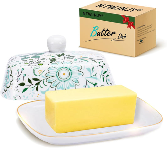 Butter Dish With Lid For Countertop-Ceramic Butter Dish with Knob Handle-Dishwasher Safe Butter Keeper&Serving Tray,Large Storage Keeper Holder for Kitchen-Elegant Gift for Women,Mothers,Housewarming