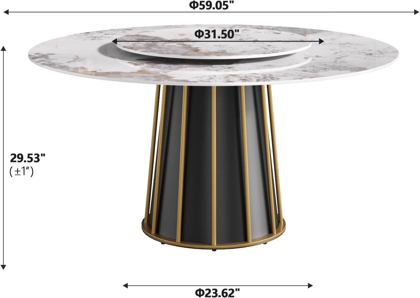 Montary 59" Modern Artificial Marble Round Dining Table with Metal Iron Base & 31.5" White Sintered Stone Turntable, Dining Room Table with Lazy Susan for 6-8 (Only Table)