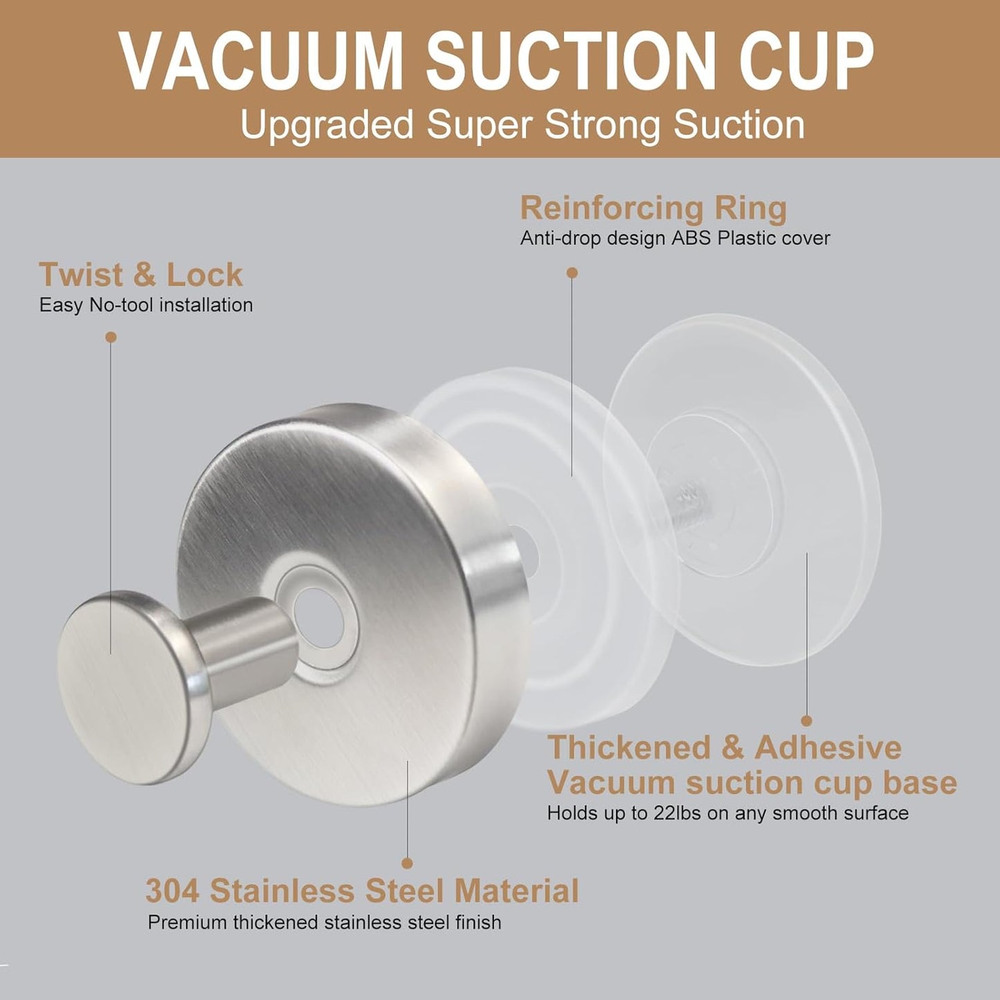 ZESLMG Suction Cup Hooks for Shower Wall, Door Wreaths, Removable Inside Shower Towel Hooks for Bathroom Window Glass Kitchen- Bath Robe Loofah Suction Hooks for Hanging More Surfaces (Nickel, 2 Pack)