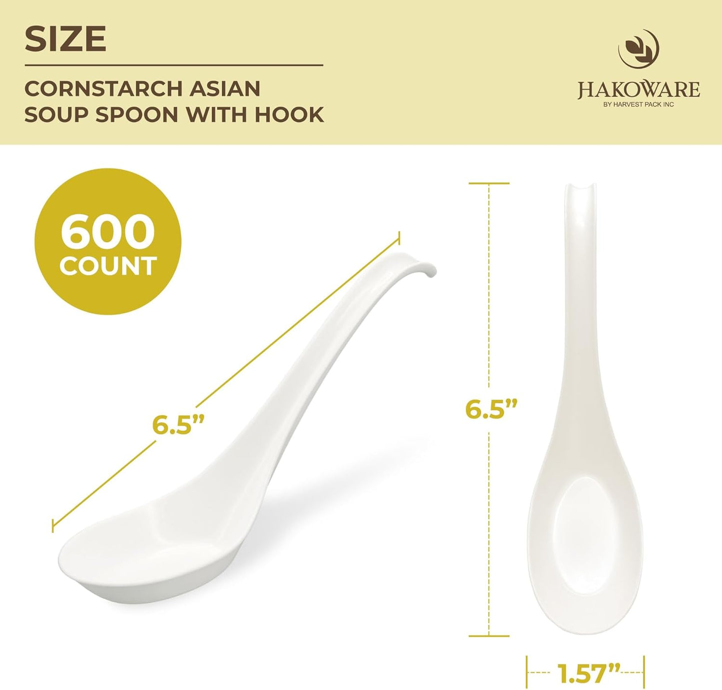 [600 COUNT] HAKOWARE Disposable Large Asian Soup Spoons with Hook, made from Crystalized Cornstarch, for Take-out Ramen Pho Noodles, Disposable Utensils Bulk Size Durable