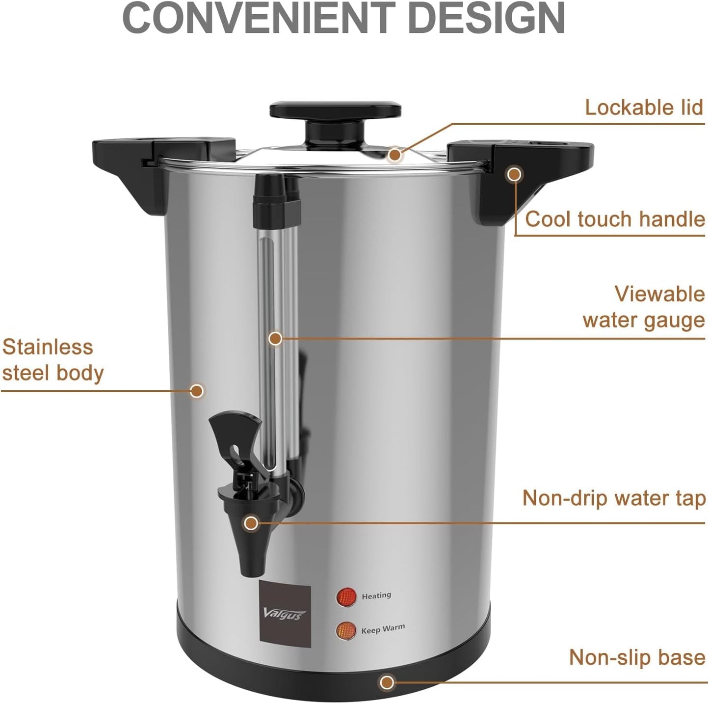 Valgus Commercial Stainless Steel Coffee Urn 135-Cup 20L Large Capacity Coffee Maker Hot Water Urn with Percolator Automatic Temperature Control for Large Events, Parties, Weddings