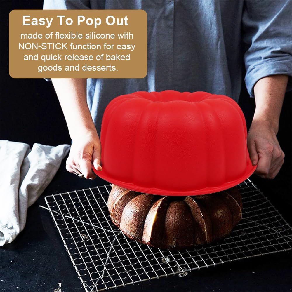 10 inch Silicone Bundt Cake Pan, Non-Stick Silicone Fluted Pans, ome Baking DIY Cake Mold for Cake, Jelly, Bread, Chocolate, Para Gelatinas (Red) (Red, 1 Pack)