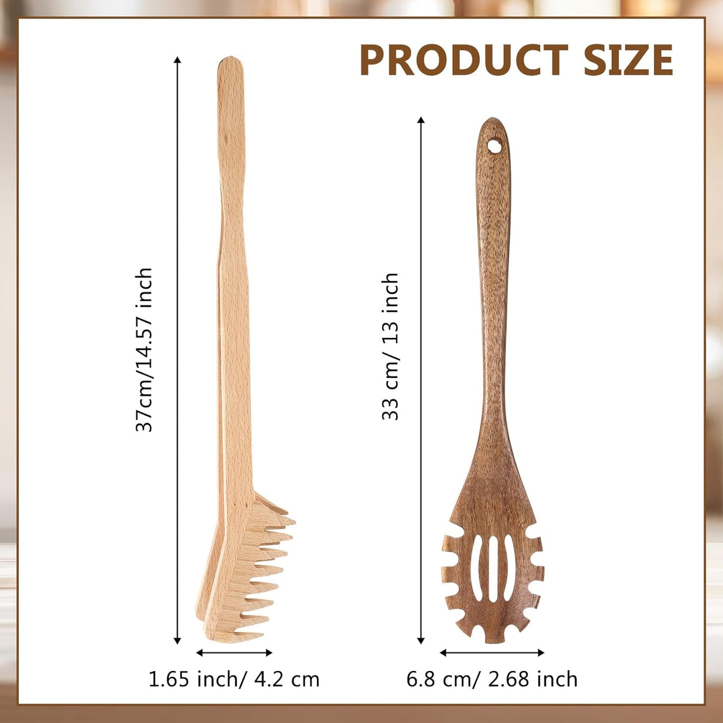 Baderke 2 Pcs Wooden Pasta Spoon with Teeth Large Spaghetti Spoon Utensil, 9.4'' Pasta Tong and 13'' Pasta Fork with Handle, Comfortable Grip Design Server Spoons for Kitchen Spaghetti Noodle
