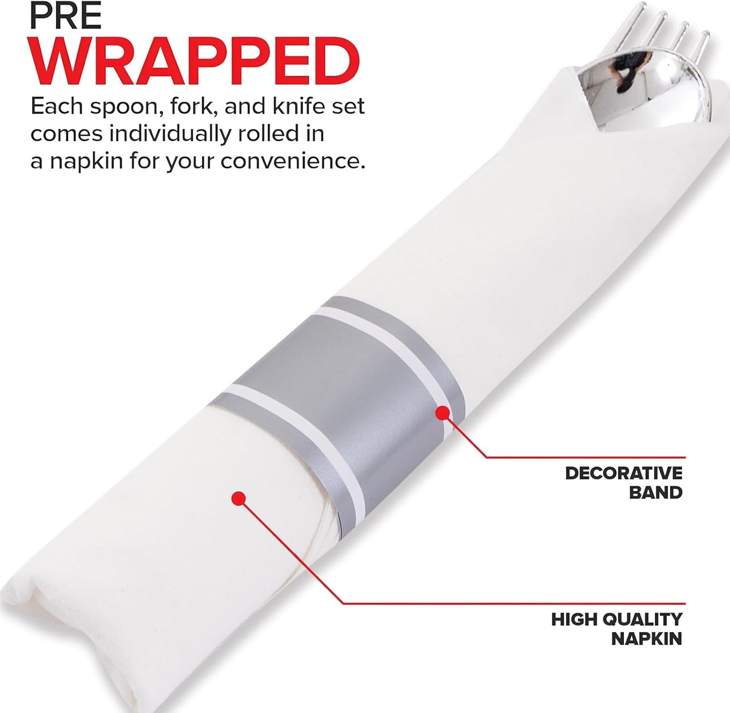 400PCS Pre Rolled Silver Plastic Silverware Sets - Heavy Duty Hammered Silver Cutlery - Include 100 Pack Wrapped Disposable Utensils with Napkins for Parties & Dinners & Weddings