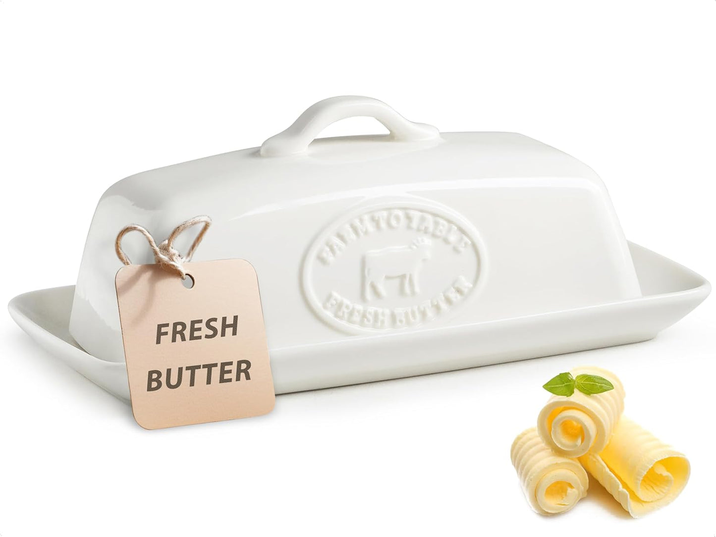 Cow Butter Dish, Ceramic Butter Dish with Lid for Countertop, White Butter Tray with Handle, Farmhouse Covered Butter Holder Container for East West Coast Butter Storage
