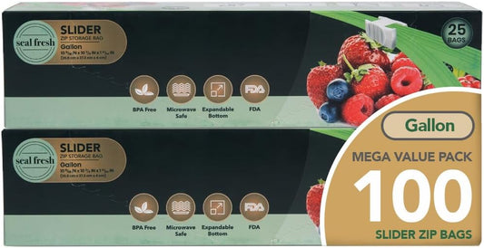 Gallon Slider Storage Bags 100 Pack — Reusable Freezer Bags with Expandable Bottom, BPA Free, Microwave Safe, Clear Gallon Food Storage Bags