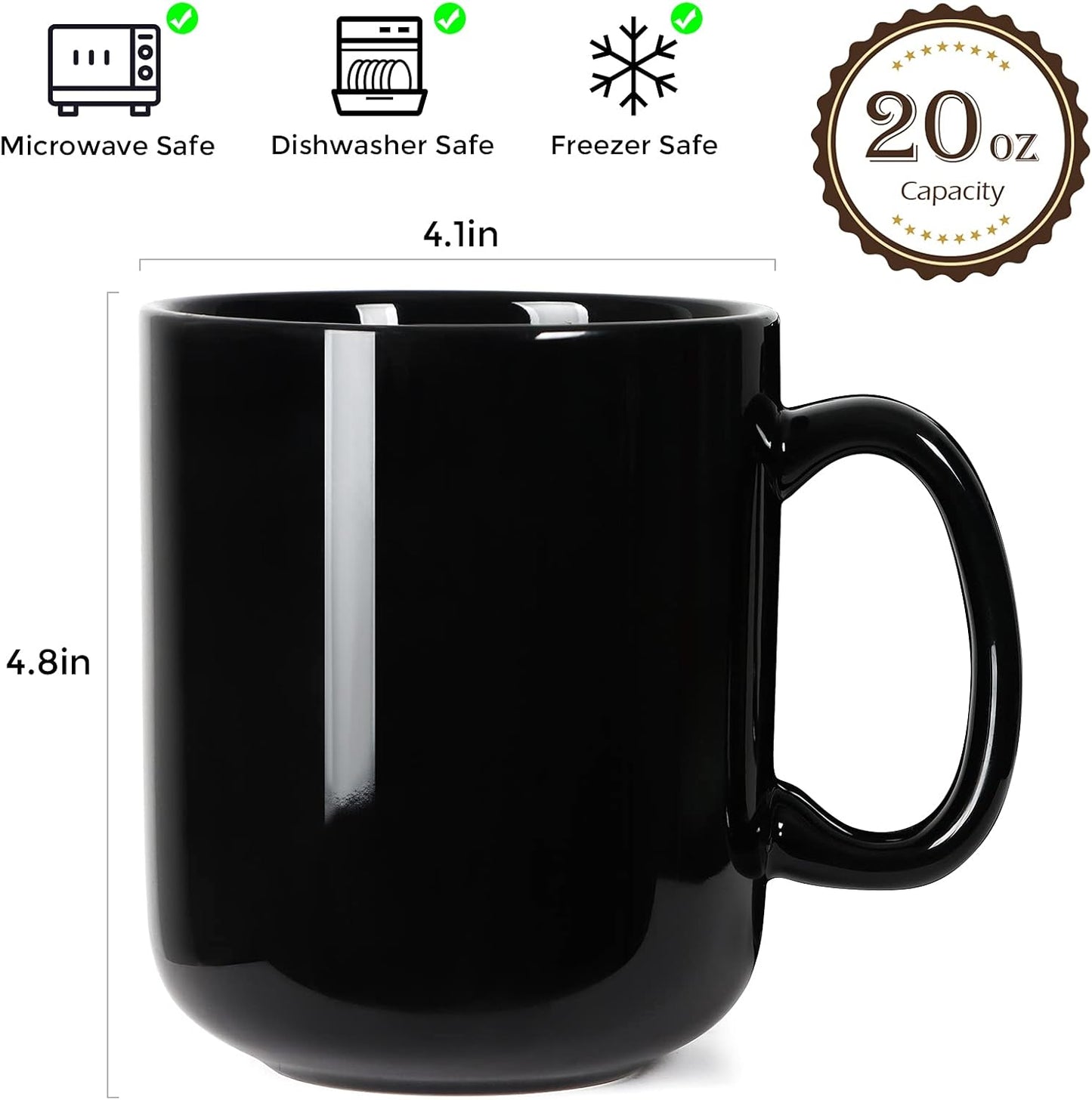 Smilatte 20 OZ Large Coffee Mug, M016 Plain Ceramic Boss Big Tea Cup with Handle for Dad Men, Set of 2, Black