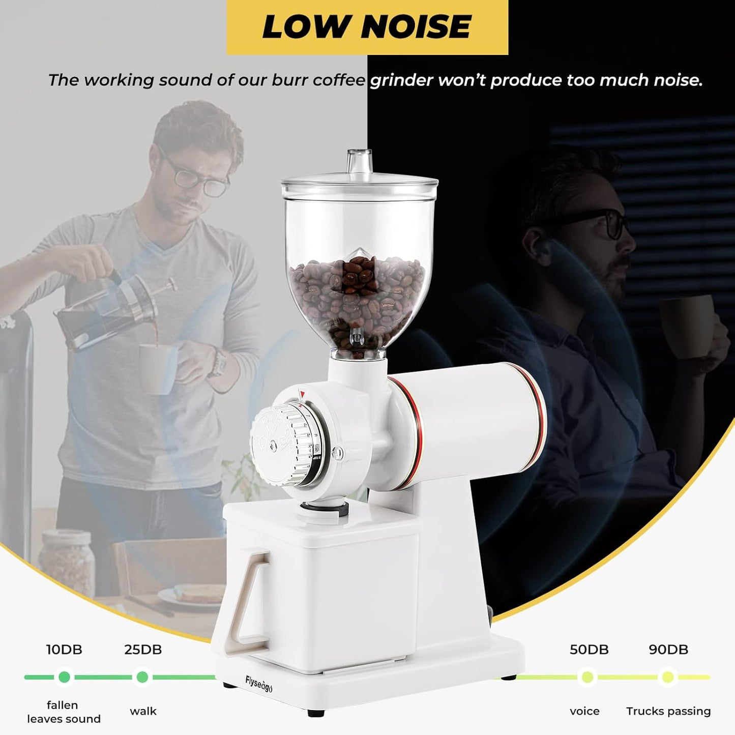 Burr Coffee Grinder Electric Espresso Grinder Commercial & Homeuse Silent Small Coffee Bean Grinder with Hopper Adjustable Grind, With Brush, Spoon, White