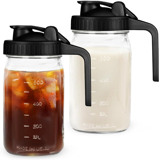 32oz Mason Jar with Lid - 2Pack No Leak Airtight Mason Jar with Pour Spout Lid Perfect for Fridge, Wide Mouth Easy to Clean, Ideal for Coffee, Breastmilk, Iced & Sun Tea, Juices