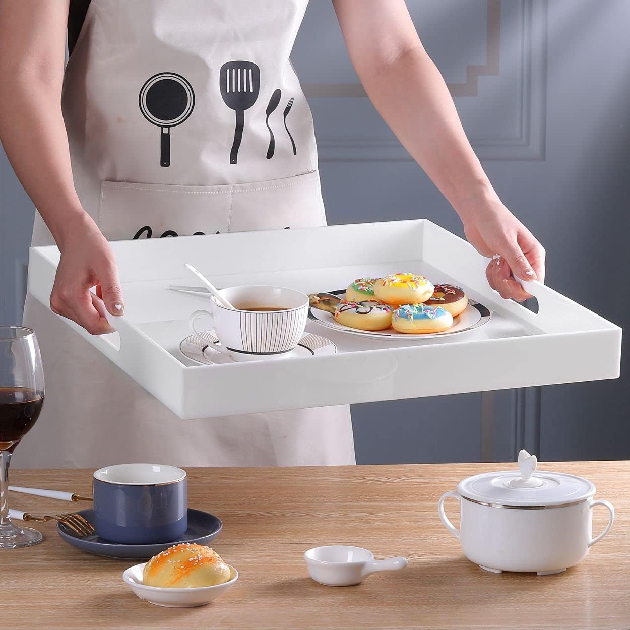 White Modern Acrylic Ottoman Tray with Cutout Handles 22x22 Inch Over-Sized Serving Tray Rubber Boot Tray Organizer Decorative Tray for Living Room, Bedroom,Bathroom and Kitchen Tabletop