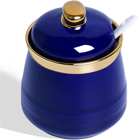 HAOTOP 12oz Sugar Bowl with Lid and Spoon,Simple Ceramic Sugar Jar Sugar Container Sugar Dispenser Coffee Bar Accessories, Modern Kitchen Countertop Canisters (Navy)