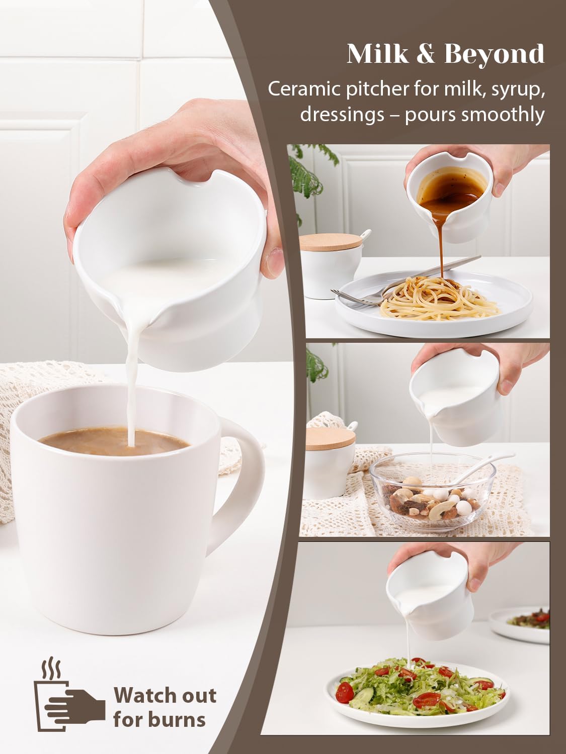 INGOFIN Ceramic Sugar and Creamer Set with Lid and Spoon, 3-Piece Porcelain Creamer Pitcher Milk Jug and Sugar Bowl for Coffee Bar, Tea Time, Kitchen Serving,3.5oz & 6oz, Dishwasher Safe, Modern White