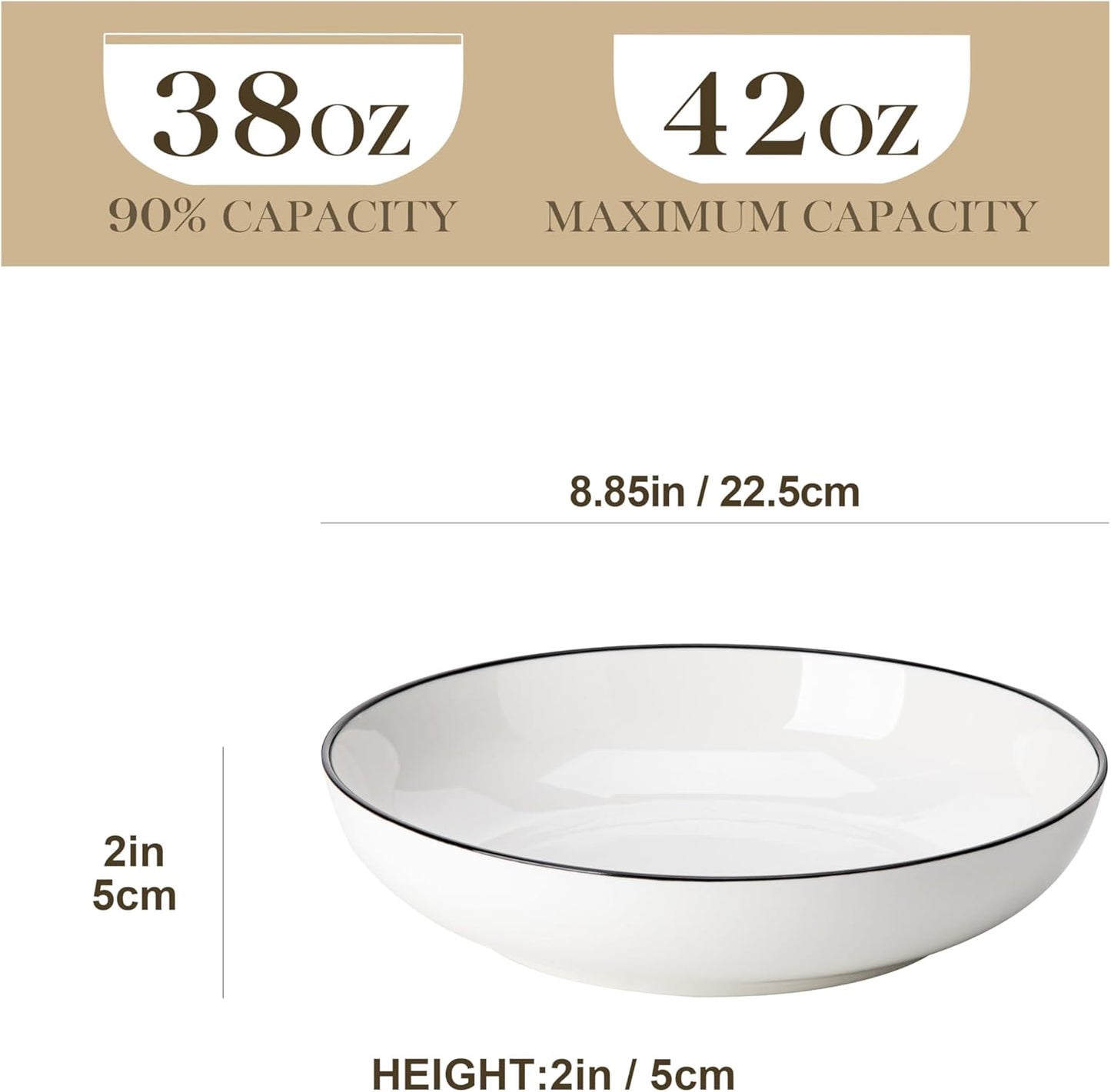 MALACASA 8.85" Large Pasta Bowls, 42 OZ White Salad Bowls Soup Bowls, Porcelain Serving Bowls Set of 6, Ivory White with Black Rim, Microwave & Dishwasher Safe, Series REGULAR