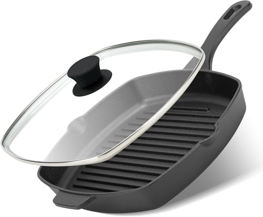 10.5 Inch Cast Iron Square Grill Pan with Tempered Glass Lid, Heavy Steak & Bacon Pans for Stove Tops