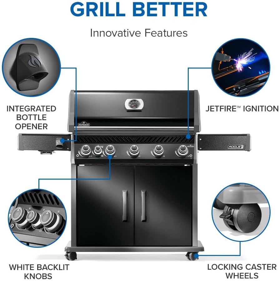 Napoleon Rogue PRO 625 Natural Gas Grill with Infrared Side Burner, Black, Durable 6-Burner Cooking Power